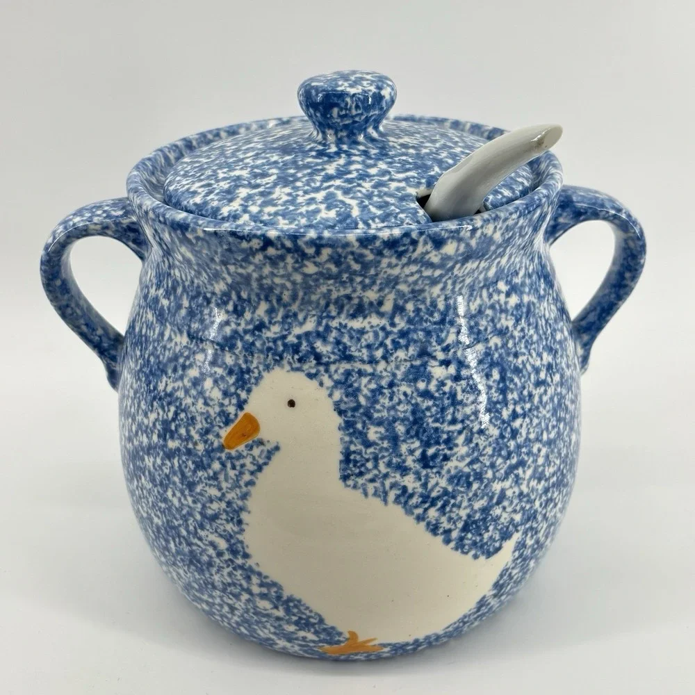 N.S. Gustin Ceramic Goose Jar Ladle Blue Spongeware Stipple Duck Cottagecore